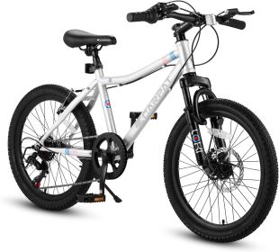 S20101 20 Inch Kids' Bike, Boys Girls Mountain Bike Ages 8-12, 7 Speed Teenager Children Kids' Bicycles, Front Suspension Disc Brake Rear V-Brake